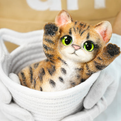 Yellow Tabby Cat handmade squishy toy with green eyes and raised paws, made of soft material.